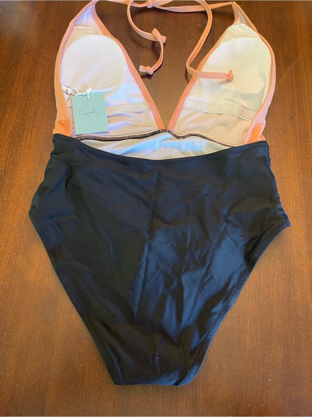 NWT Cupshe Peach and Black Halter Deep V neck One-Piece Swimsuit - Picture 4 of 7
